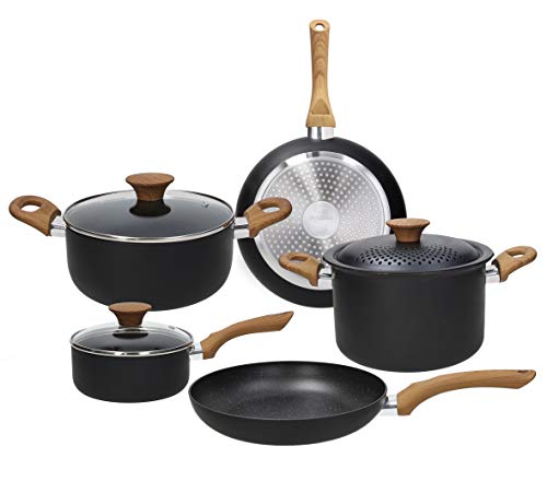 Tognana Rock In Wood, Batteria di pentole e padelle, Set con 2 padelle, 2 casseruole, 1 pastaiola, 2 coperchi trasparenti, 1 coperchio con fori, 8 Pezzi, Alluminio, Nero