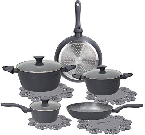 Tognana Cooking Circle Ardesia, Batteria di pentole e padelle antiaderenti con proteggi pentola, Set con 2 padelle, 3 casseruole, 3 coperchi trasparenti, 8 Pezzi, Alluminio, Grigio