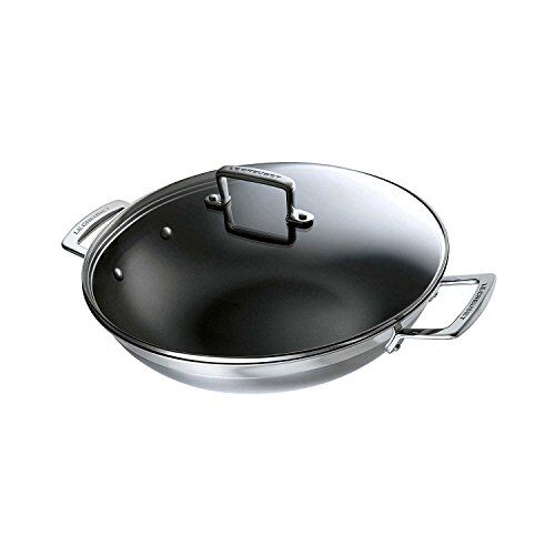 LE CREUSET Padella Wok in acciaio inox con int. antiaderente e coperchio in vetro, diameter 30 cm, Volume 4.3L, Compatibile con Tutte le Fonti di Calore (Induzione Inclusa),