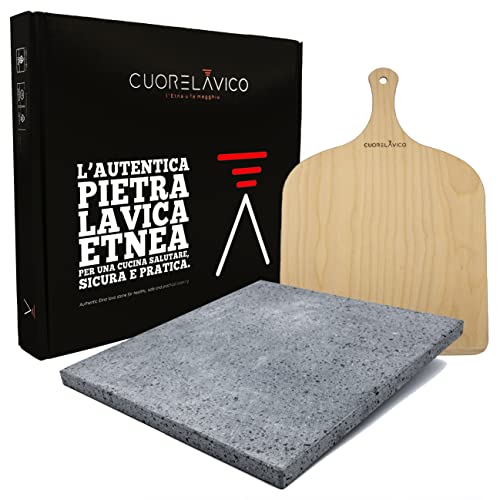 CUORE LAVICO KIT PIETRA REFRATTARIA IN PIETRA LAVICA ETNEA PER PIZZA 39X35X2 CM + PALA PER FORNO A GAS, ELETTRICO E BARBECUE PER PANE E PINSA MADE IN ITALY