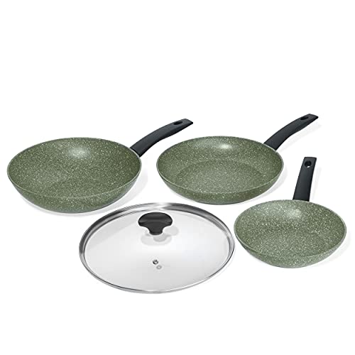 Prestige Set wok e padella antiaderente con coperchio in vetro, set di padelle a induzione senza PFOA, lavabili in lavastoviglie, riciclabili e riciclabili Made in Italy, verde