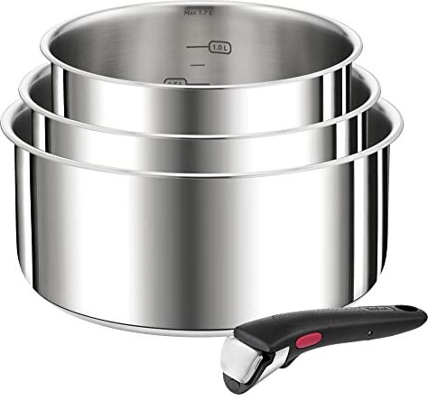 Tefal Ingenio Preference  Set di 4 casseruole, impilabili, salvaspazio, in acciaio inox di alta qualità, adatto a induzione, in acciaio inox, grande