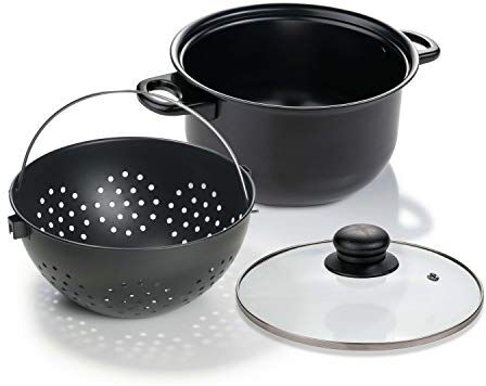 Genius World's Greatest Pot Set di 3 pentole con colino da 25 cm, girare la pentola, versare il liquido e i cibi rimangono nel colino, per cottura a induzione in ceramica elettrica