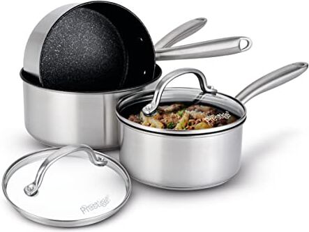 Prestige Set di 3 pentole in acciaio inox con protezione antigraffio con coperchio, set di 3 casseruole da 16, 18 e 20 cm, resistenti ai graffi, adatte a tutti i piani cottura, forno e lavastoviglie