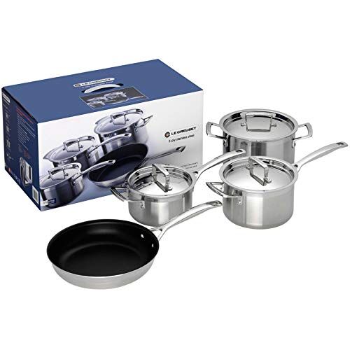 LE CREUSET Set 4 Pezzi casseruole in acciaio inox e padella alta int. Antiaderente con Coperchi, Compatibile con Tutte le Fonti di Calore, Induzione Inclusa,