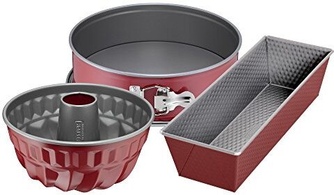 Kaiser Classic Plus Set di 3 teglie da forno con stampo apribile (fondo piatto), teglia per Gugelhupf, forma a scatola, antiaderente, rosso, 31,5 x 27 x 13,2 cm