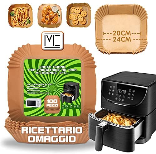 MC -100 Pz Carta Forno per Friggitrice ad Aria Antiaderente Quadrata 20cm Monouso Carta Forno e Friggitrice ad Aria Resiste fino a 220 Gradi di Temperatura Antigrasso Fodera in Carta