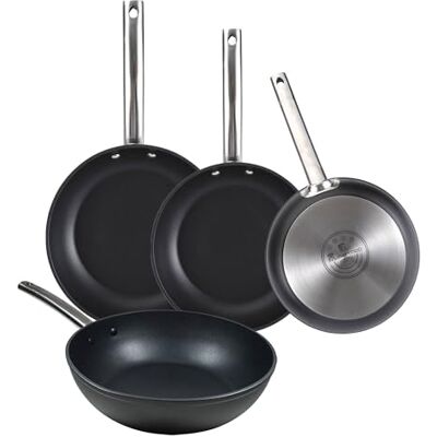 MasterPRO Set di 3 padelle Ø24Ø28Ø30 cm + Wok Ø28 cm in alluminio forgiato adatte all'induzione colore nero FOODIES MasterPRO Set di 3 padelle Ø24Ø28Ø30 cm + Wok Ø28 cm in alluminio forgiato adatte all'induzione colore nero FOODIES