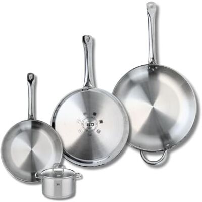 Fackelmann ELO 9510850 Set di 3 padelle da forno Elo Profi, 24, 28 e 32 cm, 1 pentola da 12 cm, in acciaio inox, induzione Fackelmann ELO 9510850 Set di 3 padelle da forno Elo Profi, 24, 28 e 32 cm, 1 pentola da 12 cm, in acciaio inox, induzione
