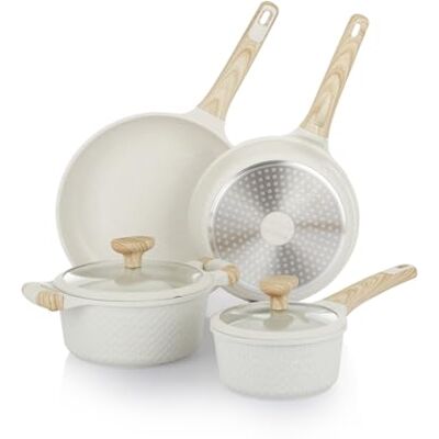 KASANOVA Batteria pentole antiaderenti 6 pezzi Bambù, Padelle e casseruole per induzione e tutti i piani cottura, Set pentole bianco con manici effetto legno KASANOVA Batteria pentole antiaderenti 6 pezzi Bambù, Padelle e casseruole per induzione e tutti i piani cottura, Set pentole bianco con manici effetto legno