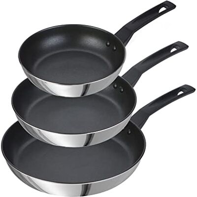 Prestige Set di 3 padelle antiaderenti in acciaio inox più resistenti, set di 3 padelle a induzione, 21/25/29 cm, con resistenti ai graffi, manici freddi, lavabili in lavastoviglie Prestige Set di 3 padelle antiaderenti in acciaio inox più resistenti, set di 3 padelle a induzione, 21/25/29 cm, con resistenti ai graffi, manici freddi, lavabili in lavastoviglie