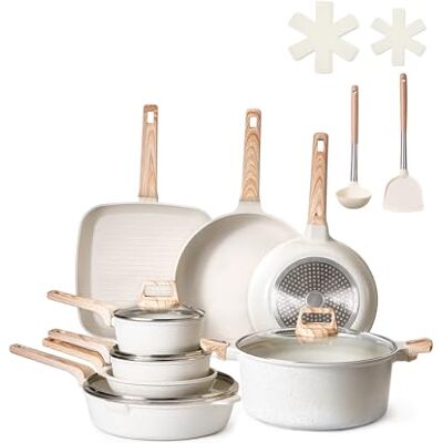 VEVOR Set di Pentole, Padelle Antiaderenti in Granito con Manico, Set di Pentole a Induzione da Cucina per Camper, con Frittura, Coperchi in Vetro Temperato, Bianco 19 Pezzi VEVOR Set di Pentole, Padelle Antiaderenti in Granito con Manico, Set di Pentole a Induzione da Cucina per Camper, con Frittura, Coperchi in Vetro Temperato, Bianco 19 Pezzi