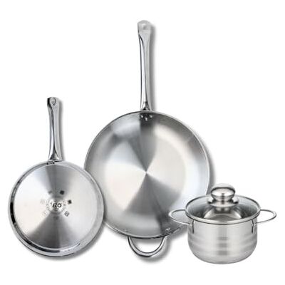 Fackelmann ELO 9878550 Set di 2 padelle da forno 24 e 32 cm e 1 pentola da 16 cm Elo Profi lucido, acciaio inox, induzione 9878550 Fackelmann ELO 9878550 Set di 2 padelle da forno 24 e 32 cm e 1 pentola da 16 cm Elo Profi lucido, acciaio inox, induzione 9878550