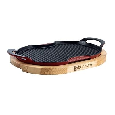 Aeternum , Ghisa Viva, Grill in Ghisa Ovale con Base in Legno, Diametro 36x26 cm, Adatto all'Induzione, Adatto al forno, Nero/Rosso, Antiaderente Aeternum , Ghisa Viva, Grill in Ghisa Ovale con Base in Legno, Diametro 36x26 cm, Adatto all'Induzione, Adatto al forno, Nero/Rosso, Antiaderente