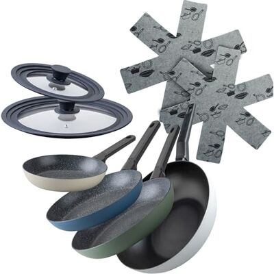 Fackelmann Set Padelle, Wok Ø30 in Alluminio Riciclato, 3 Padelle Antiaderenti Effetto Pietra 20/24/28 cm, 2 Coperchi Universali in Vetro, bordo silicone, Adatte Induzione, Senza PFAS, Linea Balance Fackelmann Set Padelle, Wok Ø30 in Alluminio Riciclato, 3 Padelle Antiaderenti Effetto Pietra 20/24/28 cm, 2 Coperchi Universali in Vetro, bordo silicone, Adatte Induzione, Senza PFAS, Linea Balance