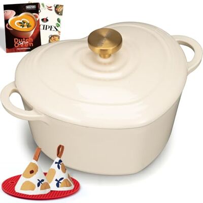 OVERMONT Pentola in Ghisa Smaltata a Forma di Cuore 1.89L Casseruola con Coperchio e Libro di Ricette Per Cucina, Forno, Stufare e Arrostire Regalo Matrimonio e Festività Bianco OVERMONT Pentola in Ghisa Smaltata a Forma di Cuore 1.89L Casseruola con Coperchio e Libro di Ricette Per Cucina, Forno, Stufare e Arrostire Regalo Matrimonio e Festività Bianco