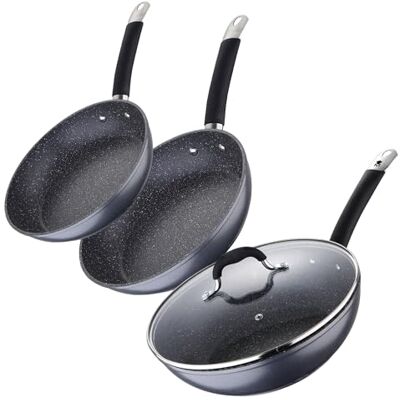 MasterPRO Set di 2 padelle Ø20Ø24 cm + Wok Ø28 cm in alluminio forgiato adatte all'induzione colore grigio MasterPRO Set di 2 padelle Ø20Ø24 cm + Wok Ø28 cm in alluminio forgiato adatte all'induzione colore grigio