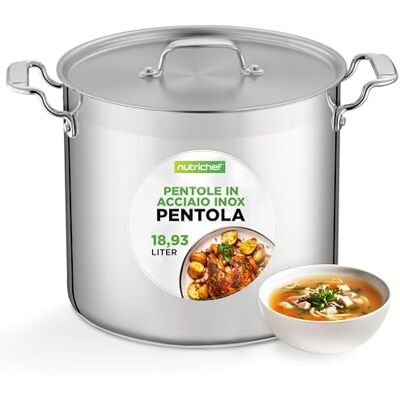 NutriChef Pentola Acciaio Inox 19 Litri con Coperchio Pentola Induzione Grande per Zuppe e Stufati, Adatta a Gas, Elettrico e Piani a Induzione NutriChef Pentola Acciaio Inox 19 Litri con Coperchio Pentola Induzione Grande per Zuppe e Stufati, Adatta a Gas, Elettrico e Piani a Induzione