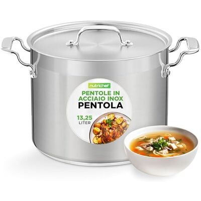 NutriChef Pentola Acciaio Inox 13,2 L con Coperchio, Manici Ergonomici, Pentola Induzione Resistente, Ideale per Cucine Professionali e Casa NutriChef Pentola Acciaio Inox 13,2 L con Coperchio, Manici Ergonomici, Pentola Induzione Resistente, Ideale per Cucine Professionali e Casa