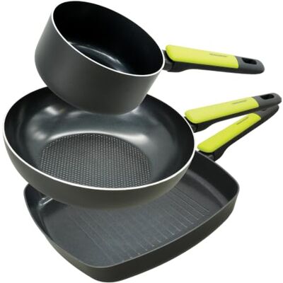 Fackelmann Set Padelle Induzione 3 Pezzi in Alluminio Riciclato, Casseruola 16 cm, Bistecchiera Grill 28x28 cm e Padella Wok 28 cm, Fondo a Nido d'Ape, Rivestimento Antiaderente PFAS Free, Linea Oliva Fackelmann Set Padelle Induzione 3 Pezzi in Alluminio Riciclato, Casseruola 16 cm, Bistecchiera Grill 28x28 cm e Padella Wok 28 cm, Fondo a Nido d'Ape, Rivestimento Antiaderente PFAS Free, Linea Oliva
