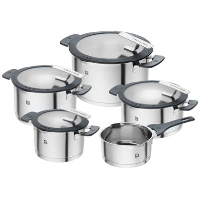 ZWILLING Simplify Set di pentole in acciaio inox, 5 Pezzi, Con fori integrati nel coperchio, Anche per piani a induzione, Argento-Nero ZWILLING Simplify Set di pentole in acciaio inox, 5 Pezzi, Con fori integrati nel coperchio, Anche per piani a induzione, Argento-Nero