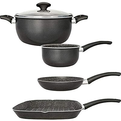 San Ignacio Set Casual Batteria da Cucina Gourmet, Alluminio pressato, Grigio Scuro, Casseruola di Ø16 Padella Ø20 Padella Grill 28 x 28 pentola di Ø24 CMS. con Coperchio di Vetro San Ignacio Set Casual Batteria da Cucina Gourmet, Alluminio pressato, Grigio Scuro, Casseruola di Ø16 Padella Ø20 Padella Grill 28 x 28 pentola di Ø24 CMS. con Coperchio di Vetro