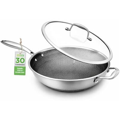 NutriChef Wok da 30,5 Centimetri in Acciaio Inossidabile, Wok Antiaderente con Coperchio in Vetro e Manico Laterale, Rivestimento DAKIN Inciso, Pattern Testurizzato al Fuoco e Resistente ai Graffi NutriChef Wok da 30,5 Centimetri in Acciaio Inossidabile, Wok Antiaderente con Coperchio in Vetro e Manico Laterale, Rivestimento DAKIN Inciso, Pattern Testurizzato al Fuoco e Resistente ai Graffi