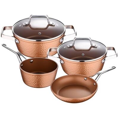 San Ignacio Collezione Origen: 1 casseruola 16 cm e 2 pentole con coperchio in vetro, 20 e 24 cm, e 1 padella 16 cm, in alluminio forgiato, adatta per l'induzione San Ignacio Collezione Origen: 1 casseruola 16 cm e 2 pentole con coperchio in vetro, 20 e 24 cm, e 1 padella 16 cm, in alluminio forgiato, adatta per l'induzione