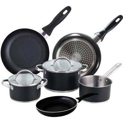 San Ignacio Batteria da cucina 5 pezzi: Ø16 Ø20 e Ø24 cm in acciaio inox con coperchi + set di padelle Ø16 Ø20 Ø24 alluminio pressato, induzione San Ignacio Batteria da cucina 5 pezzi: Ø16 Ø20 e Ø24 cm in acciaio inox con coperchi + set di padelle Ø16 Ø20 Ø24 alluminio pressato, induzione