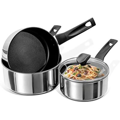 Prestige 9x Tougher Set di pentole da 3 pezzi Acciaio inossidabile ultra resistente Antiaderente Induzione Lavabile in lavastoviglie e forno Coperchi in vetro 16/18/20cm Prestige 9x Tougher Set di pentole da 3 pezzi Acciaio inossidabile ultra resistente Antiaderente Induzione Lavabile in lavastoviglie e forno Coperchi in vetro 16/18/20cm