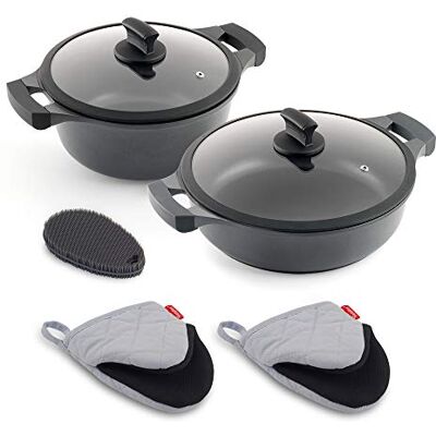 Metaltex XPERT- Set di 2 pezzi in alluminio pressofuso (padella alta 24 cm e casseruola bassa 28 cm) con guanti e paglietta in silicone Metaltex XPERT- Set di 2 pezzi in alluminio pressofuso (padella alta 24 cm e casseruola bassa 28 cm) con guanti e paglietta in silicone