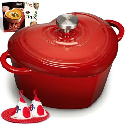 OVERMONT Pentola in Ghisa Smaltata a Forma di Cuore 1.89L Casseruola con Coperchio e Libro di Ricette Per Cucina, Forno, Stufare e Arrostire Regalo Matrimonio e Festività Rosso OVERMONT Pentola in Ghisa Smaltata a Forma di Cuore 1.89L Casseruola con Coperchio e Libro di Ricette Per Cucina, Forno, Stufare e Arrostire Regalo Matrimonio e Festività Rosso