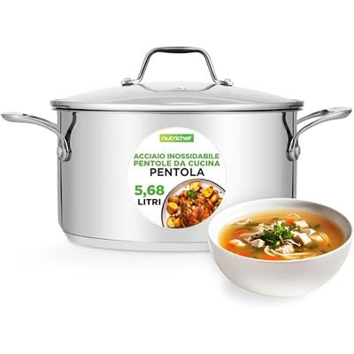 NutriChef Pentola in Acciaio Inox da 6 Litri, Grado Alimentare 18/8, Adatta per Induzione, con Coperchio Trasparente, Lavabile in Lavastoviglie, Pentola per Stufati e Zuppe NutriChef Pentola in Acciaio Inox da 6 Litri, Grado Alimentare 18/8, Adatta per Induzione, con Coperchio Trasparente, Lavabile in Lavastoviglie, Pentola per Stufati e Zuppe