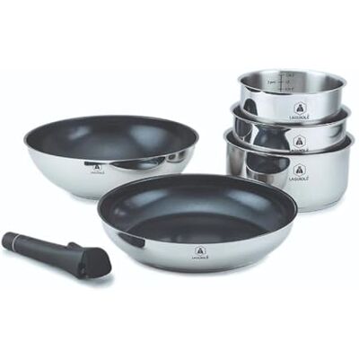 LAGUIOLE , Set cucina 6 pezzi in acciaio inox con rivestimento ceramico antiaderente, compatibile con tutte le fonti di calore, manico removibile, varie dimensioni, 16x7,5 cm, Argento LAGUIOLE , Set cucina 6 pezzi in acciaio inox con rivestimento ceramico antiaderente, compatibile con tutte le fonti di calore, manico removibile, varie dimensioni, 16x7,5 cm, Argento