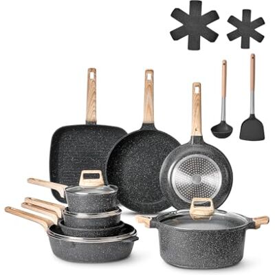VEVOR Set di Pentole, Padelle Antiaderenti in Granito con Manico, Set di Pentole a Induzione da Cucina per Camper, con Frittura, Coperchi in Vetro Temperato, Nero 19 Pezzi VEVOR Set di Pentole, Padelle Antiaderenti in Granito con Manico, Set di Pentole a Induzione da Cucina per Camper, con Frittura, Coperchi in Vetro Temperato, Nero 19 Pezzi