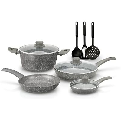 Zanetti DURAPIETRA Batteria Pentole a Induzione 10 pz, 3 Padelle 20, 24, 28 cm, 3 Coperchi, Casseruola 24 cm, Pala Fritto, Schiumarola e Mestolo. Per tutti i piani cottura INCLUSO INDUZIONE. Zanetti DURAPIETRA Batteria Pentole a Induzione 10 pz, 3 Padelle 20, 24, 28 cm, 3 Coperchi, Casseruola 24 cm, Pala Fritto, Schiumarola e Mestolo. Per tutti i piani cottura INCLUSO INDUZIONE.
