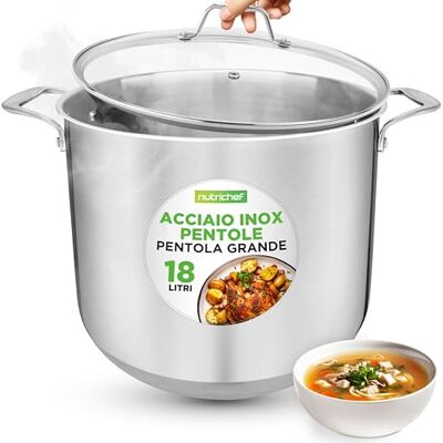 NutriChef Pentola in Acciaio Inox da 18 Litri, Grado Alimentare 18/8, Pesante, Adatta per Induzione, Ideale per Stufati, Cottura Lenta e Zuppe, con Coperchio Trasparente e Lavabile in Lavastoviglie NutriChef Pentola in Acciaio Inox da 18 Litri, Grado Alimentare 18/8, Pesante, Adatta per Induzione, Ideale per Stufati, Cottura Lenta e Zuppe, con Coperchio Trasparente e Lavabile in Lavastoviglie