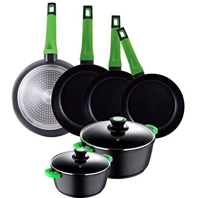 San Ignacio Set utensili da cucina 8 pezzi: Pentole da 20 e 28 cm con coperchio in vetro e 4 padelle da 20;24;26 e 28 antiaderenti, Vitoria, in alluminio, induzione San Ignacio Set utensili da cucina 8 pezzi: Pentole da 20 e 28 cm con coperchio in vetro e 4 padelle da 20;24;26 e 28 antiaderenti, Vitoria, in alluminio, induzione