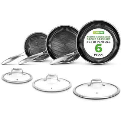 NutriChef Set 6 Pezzi Padella in Acciaio Inox, Padella Antiaderente 20, 25, 30 cm con Coperchio, Induzione, Forno, Antigraffio, Lavastoviglie NutriChef Set 6 Pezzi Padella in Acciaio Inox, Padella Antiaderente 20, 25, 30 cm con Coperchio, Induzione, Forno, Antigraffio, Lavastoviglie