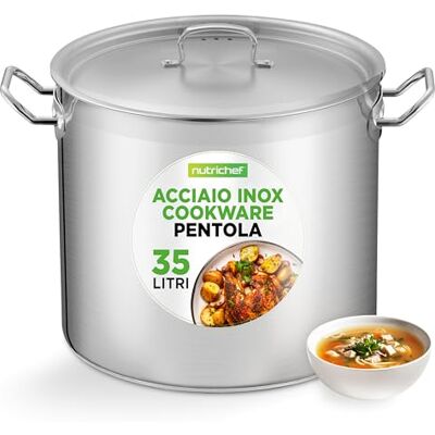 NutriChef Pentola Acciaio Inox 33 Litri con Coperchio, Pentola Induzione Grande con Manici Rinforzati, per Tutti i Piani Cottura, Calore Uniforme NutriChef Pentola Acciaio Inox 33 Litri con Coperchio, Pentola Induzione Grande con Manici Rinforzati, per Tutti i Piani Cottura, Calore Uniforme