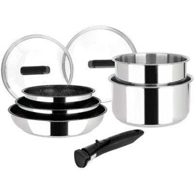 Sitram Pentole in acciaio inox, 8 pezzi: 3 padelle Ø20,24,28 cm + 2 padelle Ø16,18 cm + 2 coperchi in vetro Ø16,18 cm + manico rimovibile, tutti i piani cottura inclusi induzione Sitram Pentole in acciaio inox, 8 pezzi: 3 padelle Ø20,24,28 cm + 2 padelle Ø16,18 cm + 2 coperchi in vetro Ø16,18 cm + manico rimovibile, tutti i piani cottura inclusi induzione