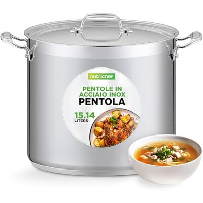 NutriChef Pentola Acciaio Inox 15 Litri, Pentola Induzione 18/8 con Coperchio, Lavastoviglie, Fornelli a Induzione, Ceramica, Alogeni NutriChef Pentola Acciaio Inox 15 Litri, Pentola Induzione 18/8 con Coperchio, Lavastoviglie, Fornelli a Induzione, Ceramica, Alogeni