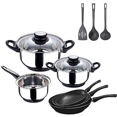 San Ignacio Batteria da cucina Palma: casseruola senza coperchio 16 x 9 cm (1,5 L), casseruola con coperchio da 18 x 10 cm (2L) e 20 x 11,5 cm (3L) + set di 3 padelle 18/22 e 26 cm Land Poniente, induzione + 3 San Ignacio Batteria da cucina Palma: casseruola senza coperchio 16 x 9 cm (1,5 L), casseruola con coperchio da 18 x 10 cm (2L) e 20 x 11,5 cm (3L) + set di 3 padelle 18/22 e 26 cm Land Poniente, induzione + 3