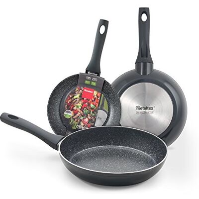 Metaltex -Set di 3 padelle in Alluminio forgiato, 18 + 22 + 26 cm, Antiaderente Stone-Tex 2 Strati, Full Induction Adatto a Tutti i Tipi di cucine Metaltex -Set di 3 padelle in Alluminio forgiato, 18 + 22 + 26 cm, Antiaderente Stone-Tex 2 Strati, Full Induction Adatto a Tutti i Tipi di cucine
