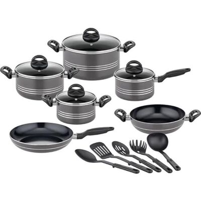 GSW Set di pentole Milano Grey, 15 pezzi, di alta qualità per induzione, ceramica e gas, rivestimento antiaderente, pentole con coperchio in vetro e utensili da cucina, pentole e padelle GSW Set di pentole Milano Grey, 15 pezzi, di alta qualità per induzione, ceramica e gas, rivestimento antiaderente, pentole con coperchio in vetro e utensili da cucina, pentole e padelle