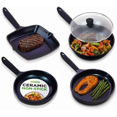 NutriChef Set di 5 padelle per griglia, wok, padella da 28 cm, padella ovale per pesce, coperchio in vetro, antiaderenti, adatte a induzione, design durevole, senza BPA, ideali per cucinare in modo NutriChef Set di 5 padelle per griglia, wok, padella da 28 cm, padella ovale per pesce, coperchio in vetro, antiaderenti, adatte a induzione, design durevole, senza BPA, ideali per cucinare in modo