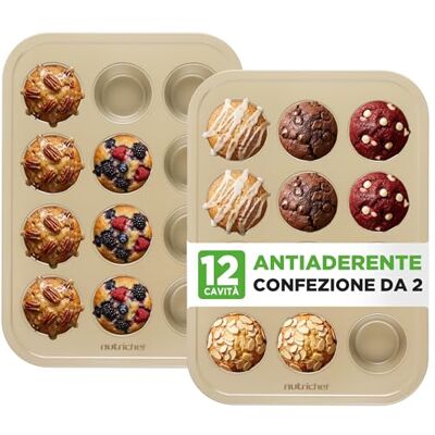 NutriChef 2 Stampi Teglia Muffin Antiaderenti, Stampi per Cupcake, Brownies, Budini, 12 Scomparti ciascuno, in Acciaio al Carbonio, Impilabili e Lavabili in Lavastoviglie, Oro NutriChef 2 Stampi Teglia Muffin Antiaderenti, Stampi per Cupcake, Brownies, Budini, 12 Scomparti ciascuno, in Acciaio al Carbonio, Impilabili e Lavabili in Lavastoviglie, Oro
