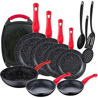 San Ignacio Confezione da 11 pezzi: Set di 6 padelle Energy Ø18/20/22/24/26/28 cm + 1 padella Wok Ø26 cm + 1 piastra grill 37x25 cm, alluminio forgiato, nero + set 3 utensili da cucina in nylon San Ignacio Confezione da 11 pezzi: Set di 6 padelle Energy Ø18/20/22/24/26/28 cm + 1 padella Wok Ø26 cm + 1 piastra grill 37x25 cm, alluminio forgiato, nero + set 3 utensili da cucina in nylon