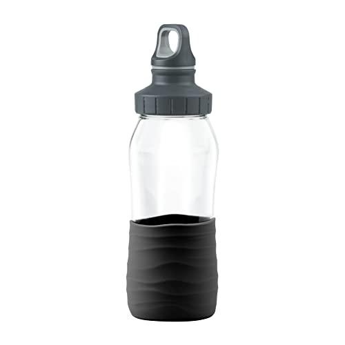 Emsa Drink2Go Borraccia in vetro   Capacità: 0,5 litri   tappo a vite   100% denso/igienico/puro   manicotto in silicone   nero