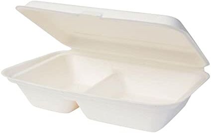 GREENBOX Contenitore per alimenti usa e getta biologico, biodegradabile, 2 scomparti, coperchio ribaltabile, compostabile, 650 ml, 50 ciotole rettangolari, 25 x 16,5 cm, colore: bianco